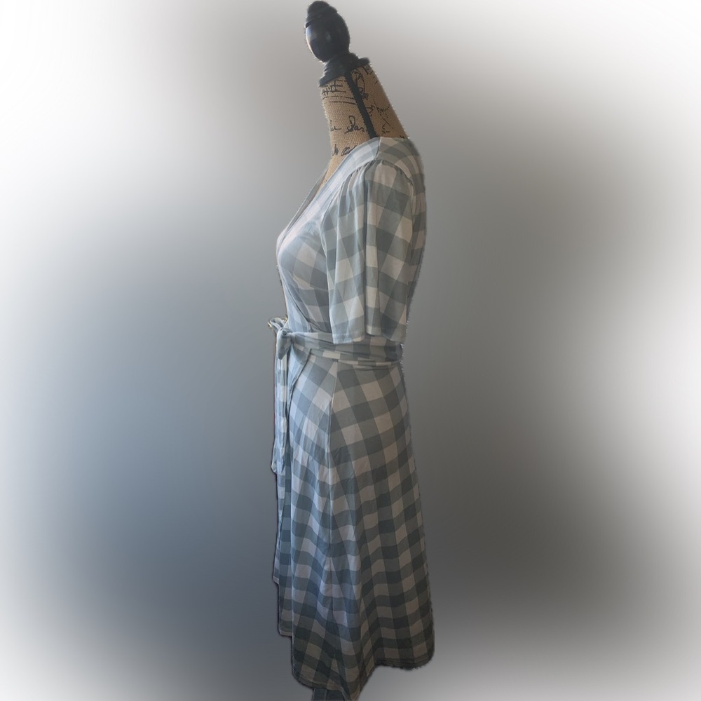 Cottagecore Seafoam Green White Gingham Plaid Flowy Wrap Midi Dress 4 Country - Picture 3 of 11